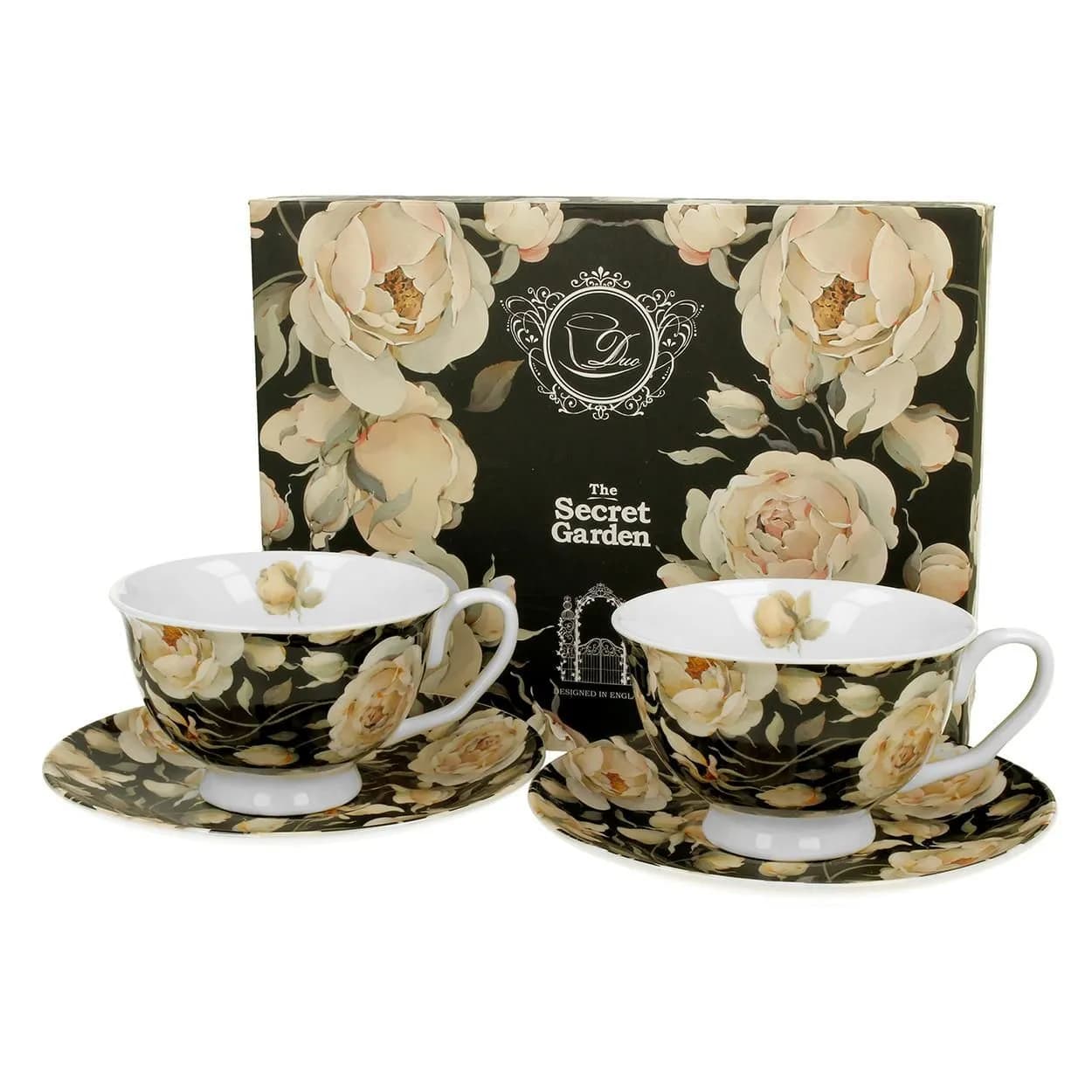 Filiżanki porcelanowe ze spodkami 250 ml – zestaw 2 szt. DUO English Roses Black
