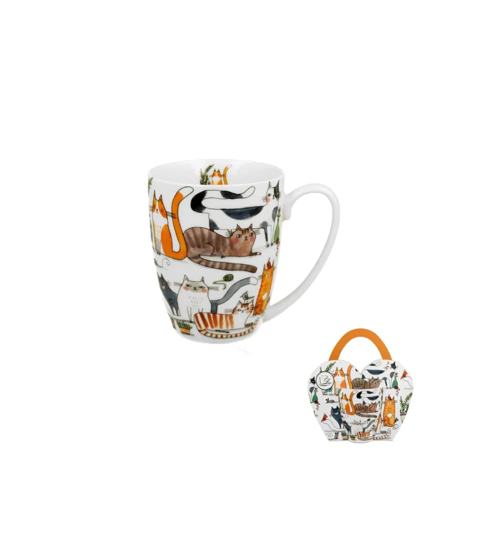 Kubek porcelanowy w koszyczku DUO 350 ml KOTY Leniwe Koci Świat