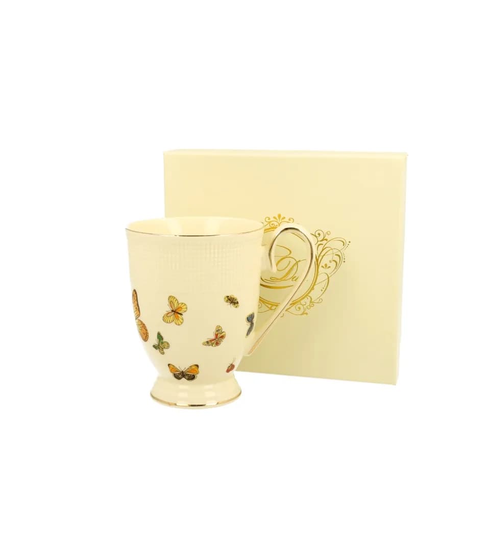Kubek porcelanowy DUO 400 ml – ECRU Motylki do kawy i herbaty elegancki wzór