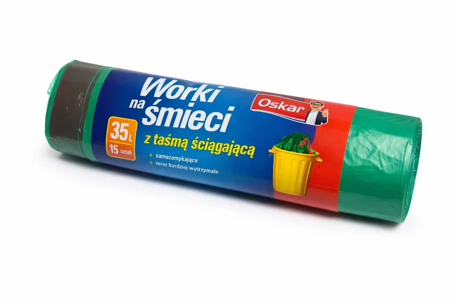 Worki na śmieci z taśmą 35L samozamykające zielone OSKAR 15szt
