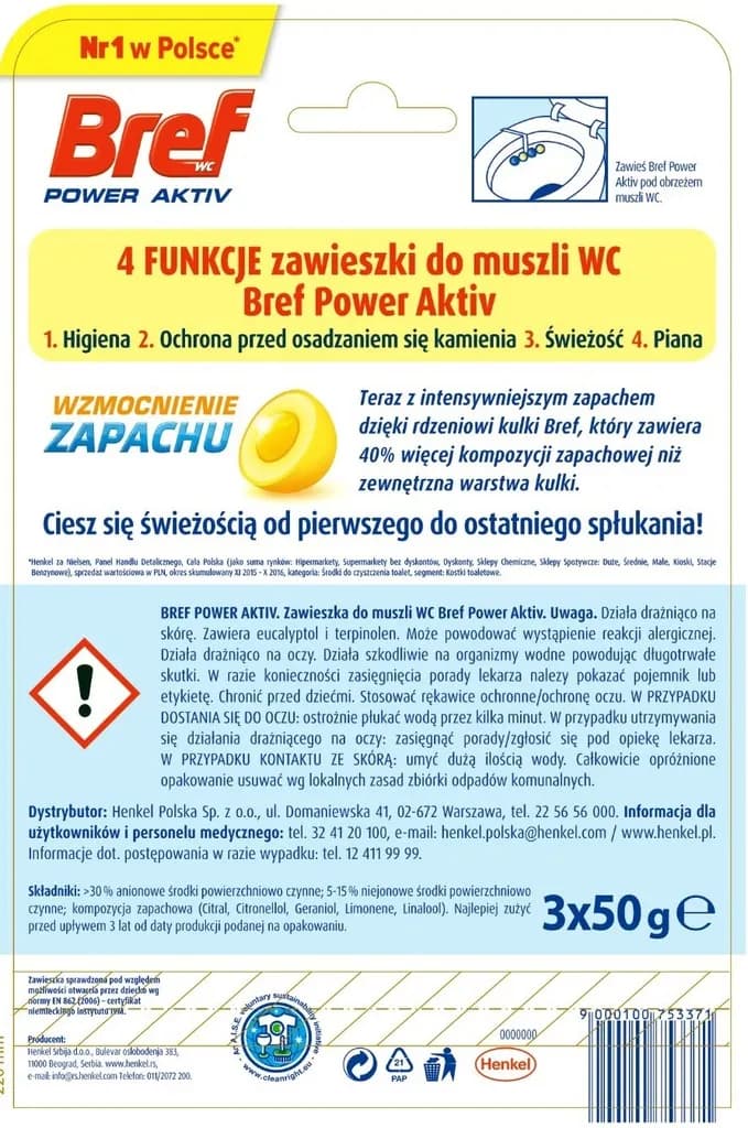 Bref zawieszka myjąco-zapachowa kulki 3 x 50 g power activ soczysta cytryna – zdjęcie produktu 2