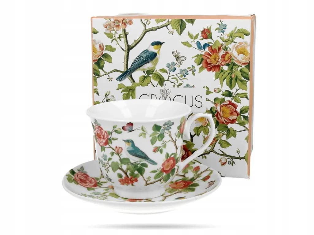 Filiżanka porcelanowa ze spodkiem 250 ml Ptaki na gałęzi DUO Crocus