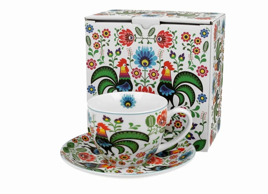 Filiżanka porcelanowa ze spodkiem DUO 250ml KOGUT FOLK
