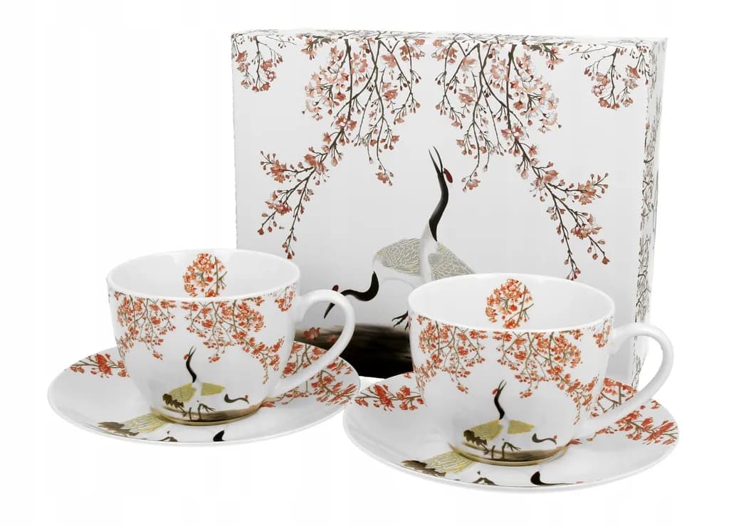 Filiżanki porcelanowe 280 ml ze spodkami – zestaw 2 szt. DUO Sakura i Żurawie