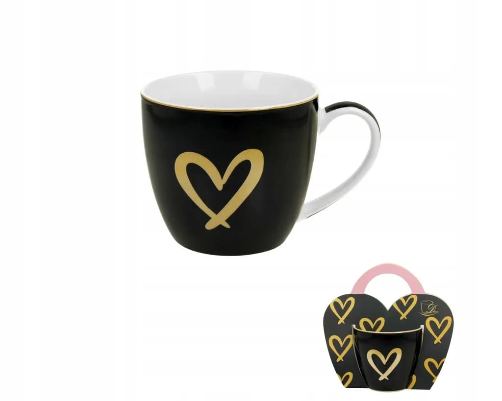 Kubek porcelanowy w koszyczku DUO 460 ml Granatowy Złote Serce