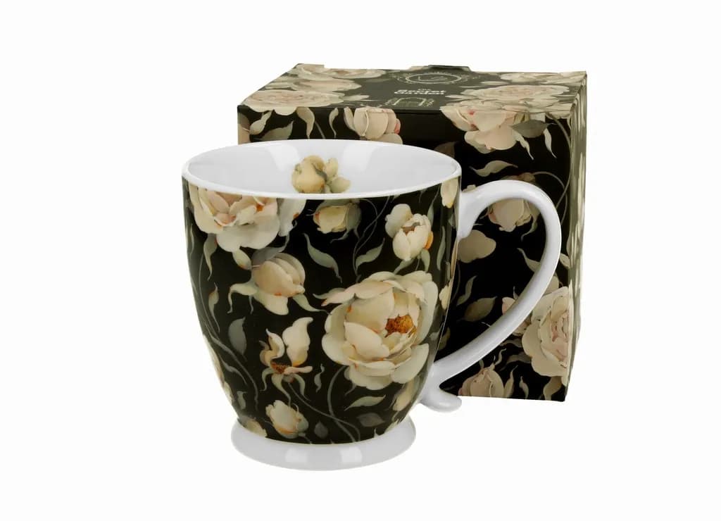 Kubek porcelanowy na stopce DUO 510 ml ENGLISH ROSES BLACK Kwiaty Royal