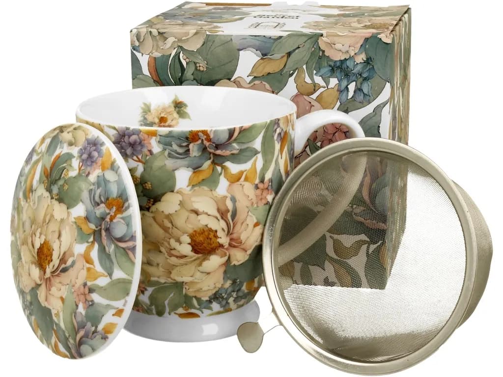 Kubek porcelanowy z zaparzaczem Duo 500 ml – PEONY WHITE elegancki wzór